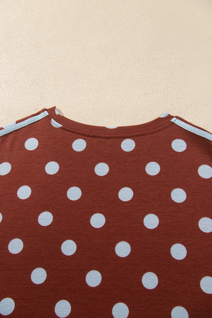 Brown Polka Dot Print Side Stripe Detail Long Sleeve Top Casual Pant Set