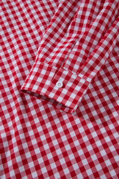 Red Plaid V Neck Long Sleeve Tunic Loose Fit Plus Size Shirt