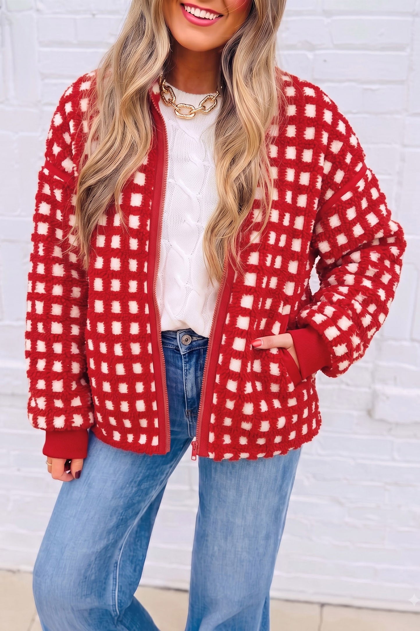 Fiery Red Plaid Zip-up Long Sleeve Jacket