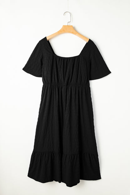 Black Plus Size Short Sleeve Lace-up High Waist Midi Dress