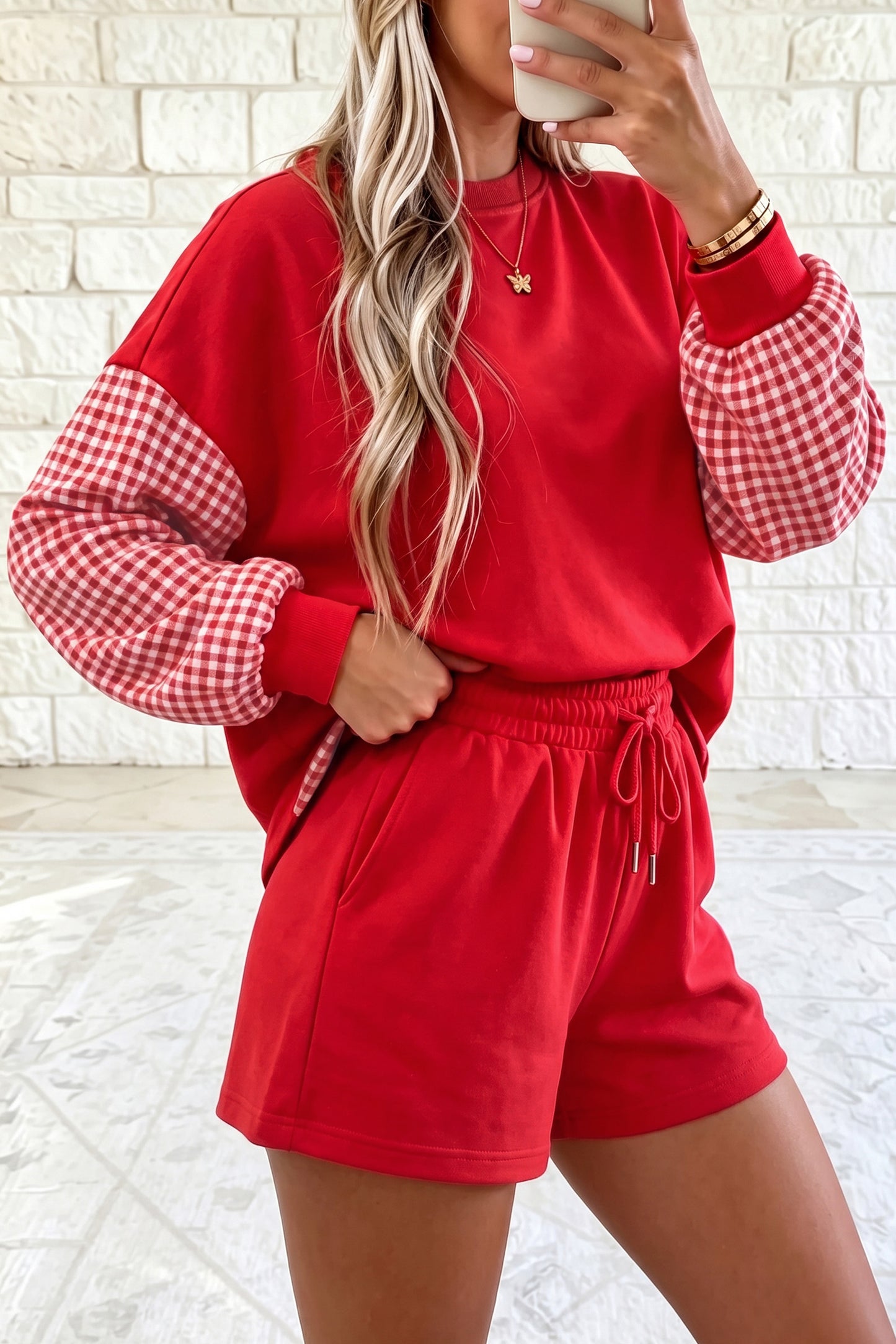 Red Plaid Patchwork Long Sleeve Top Solid Drawstring Shorts Set