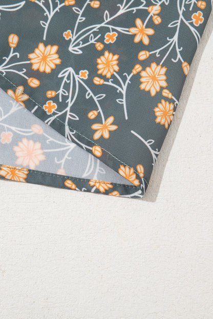 Chemisier vert à manches lanternes et col en V boutonné, motif patchwork floral, grande taille