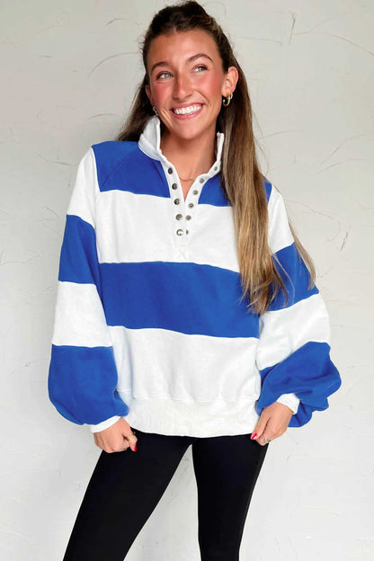 Dark Blue Striped Color Block Button V Neck Puff Sleeve Casual Sweatshirt