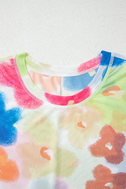 Multicolour Floral Mesh Lettuce Trim Cropped T Shirt