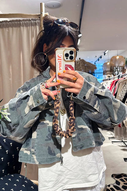 Multicolour 100% Cotton Western Camouflage Drop Shoulder Zip Denim Jacket