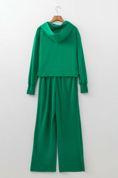 Bright Green Solid Color Hooded Long Sleeve Elastic Waist Pocket Pant Set