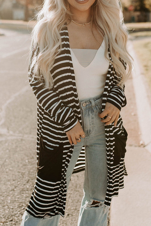 White Striped Pocketed Long Cardigan