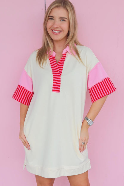 White Stripe Colorblock Patchwork Short Sleeve T Shirt Dress