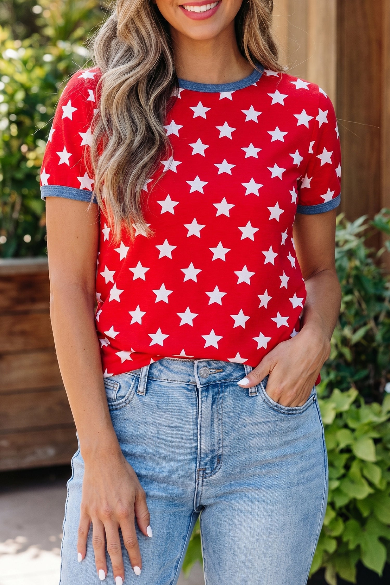 Red Stars Print Colorblock Binding Tape Collar Cuff Viscose Tunic Top