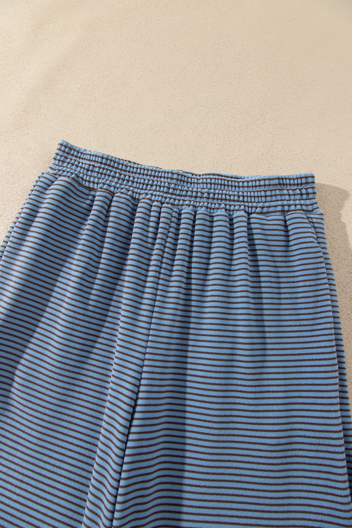 Blue Stripe Contrast Trim Round Neck Oversize Long Sleeve Top 2pcs Pant Set