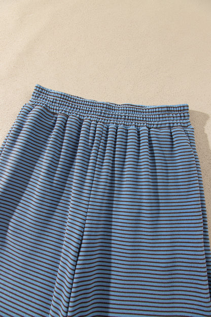 Blue Stripe Contrast Trim Round Neck Oversize Long Sleeve Top 2pcs Pant Set
