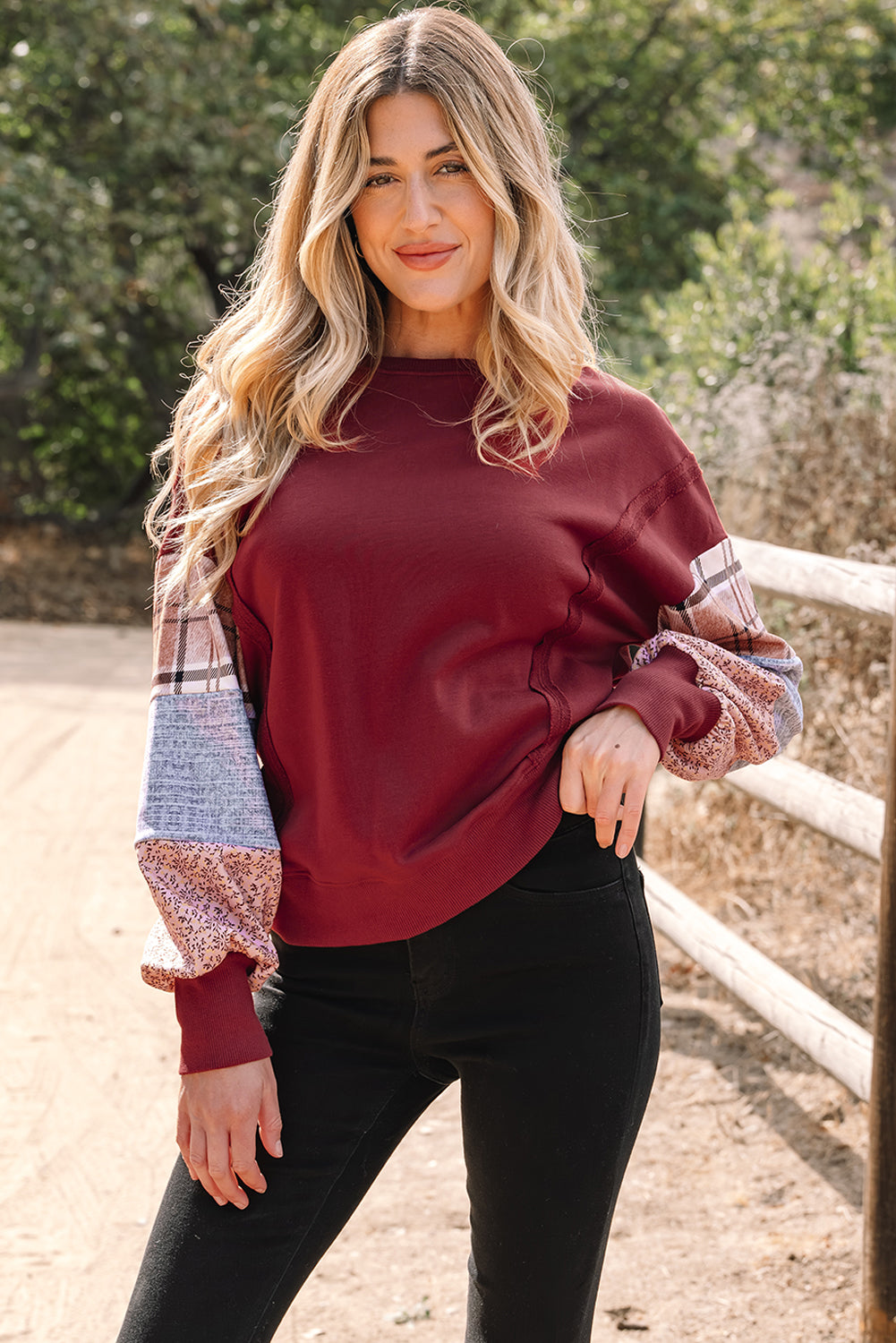 Smoke Gray Plaid Colorblock Patchwork Sleeve Raw Seam Sweatshirt
