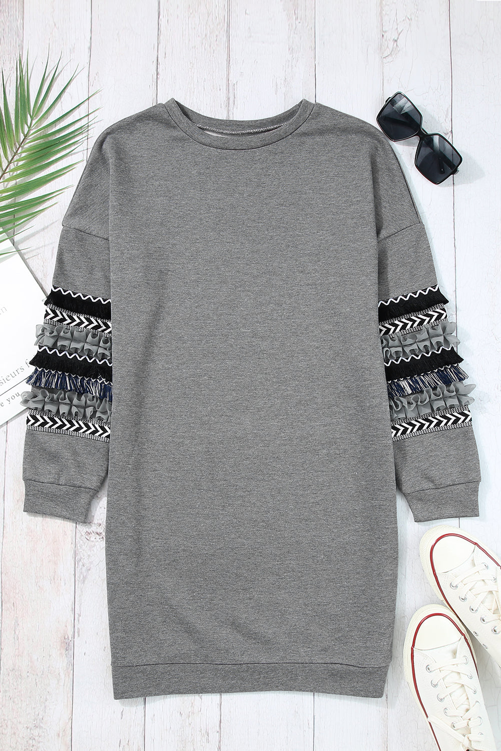 Dark Grey Printed Fringed Ruffled Accent Sweatshirt Dress