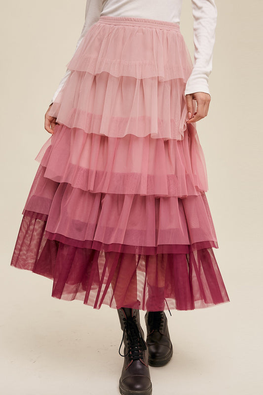 Falda larga de malla escalonada con volante degradado rosa 