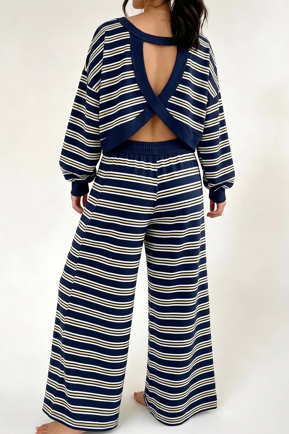 Sky Blue Stripe Back Cutout Long Sleeve Top and Wide Leg Pants 2pcs Set