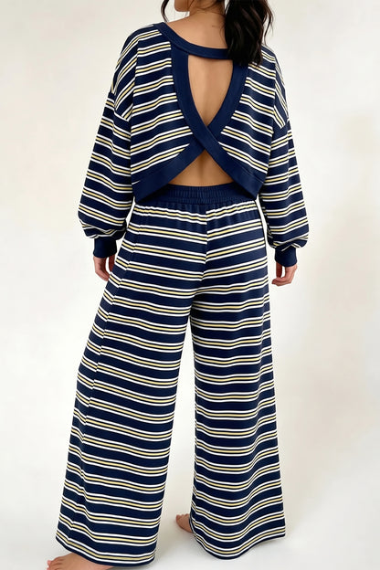 Sky Blue Stripe Back Cutout Long Sleeve Top and Wide Leg Pants 2pcs Set