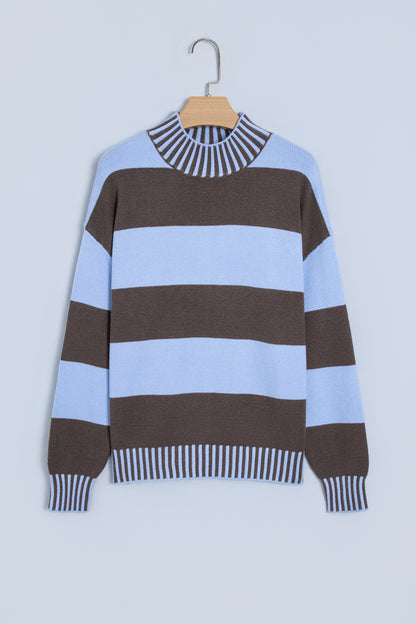 Sky Blue Stripe Contrast High Neck Dropped Shoulder Relaxed Pullover Sweater