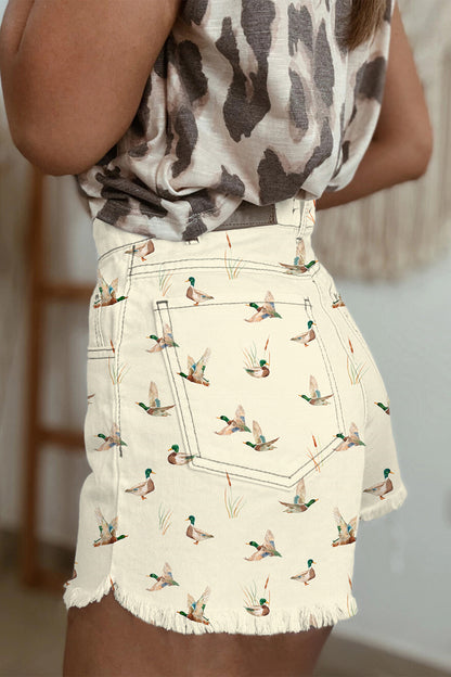 Beige Wild Duck Mallard High Waist Frayed Denim Shorts
