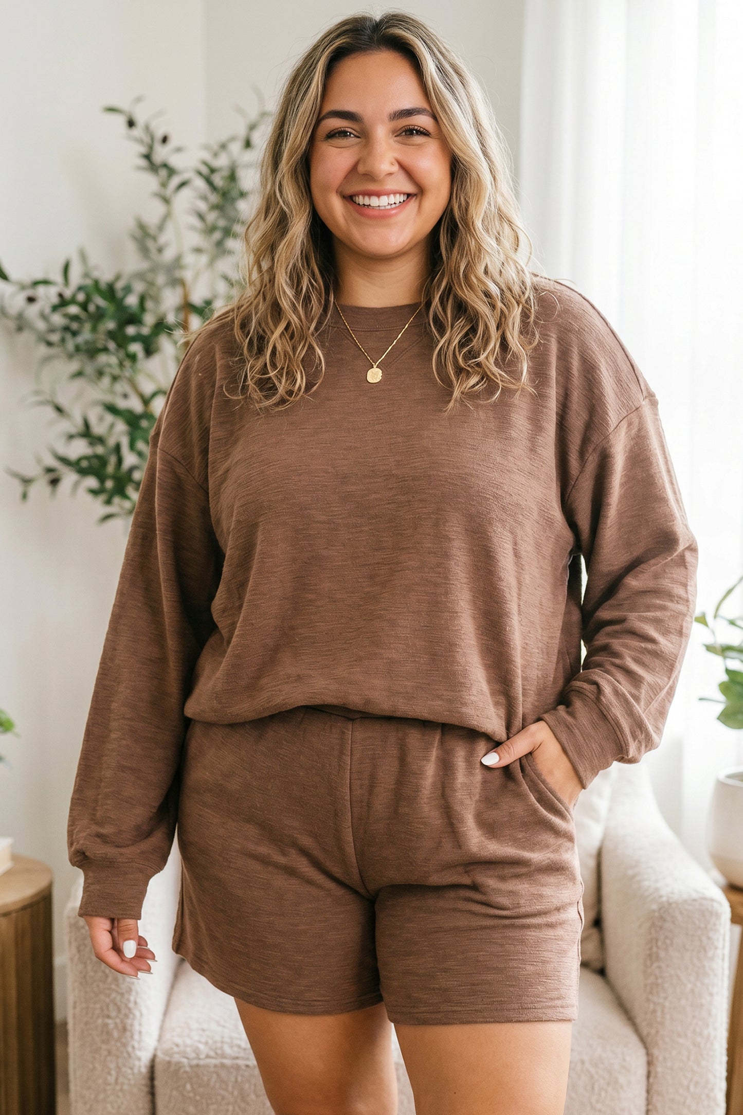 Chestnut Drop Shoulder Long Sleeve Top Elastic Waist Shorts Plus Size Set