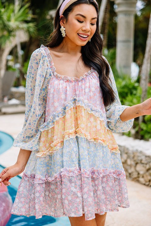 Floral Colorblock Tiered Puff Sleeve Dress