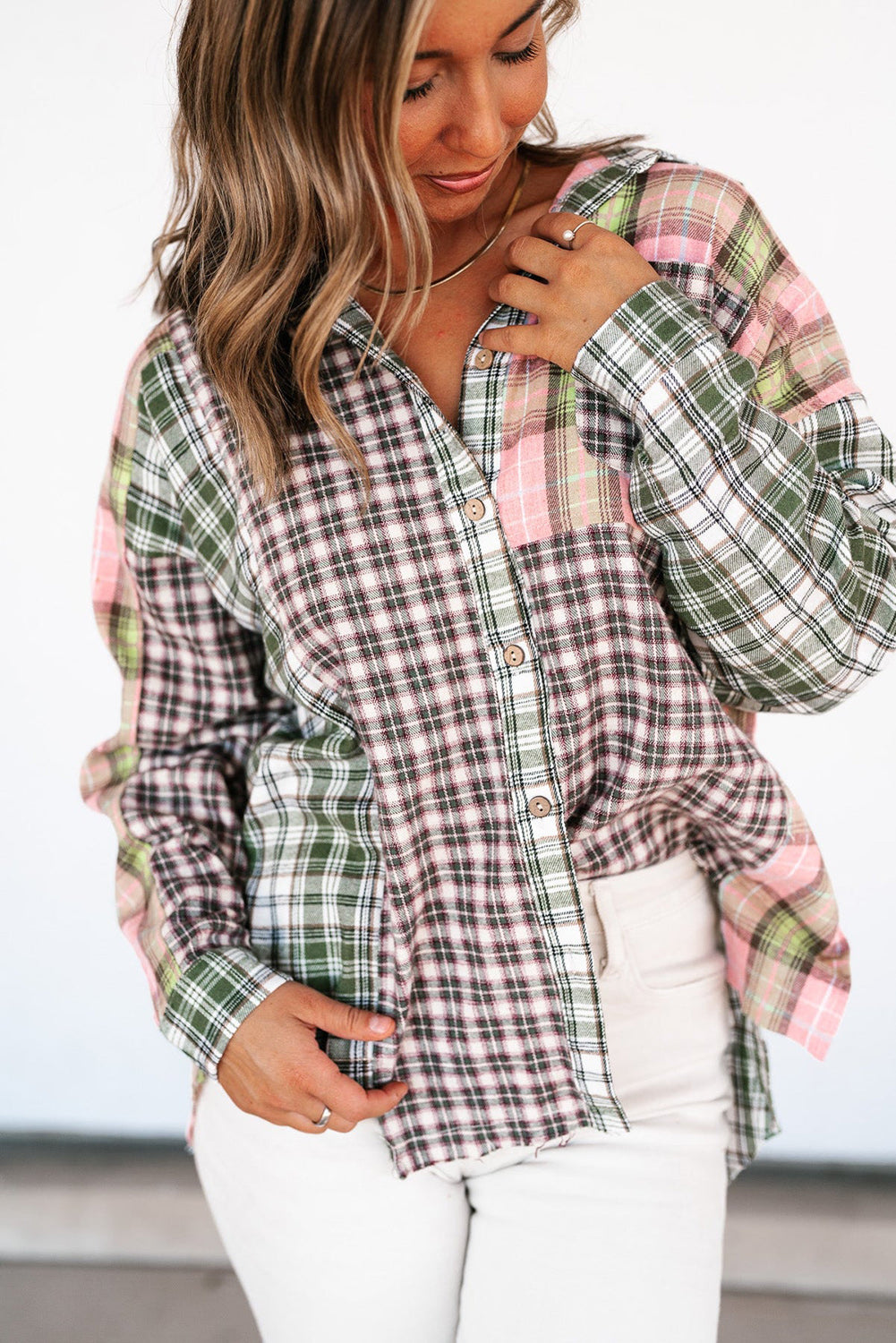 Multicolor Plaid Patchwork High Low Oversized Shirt