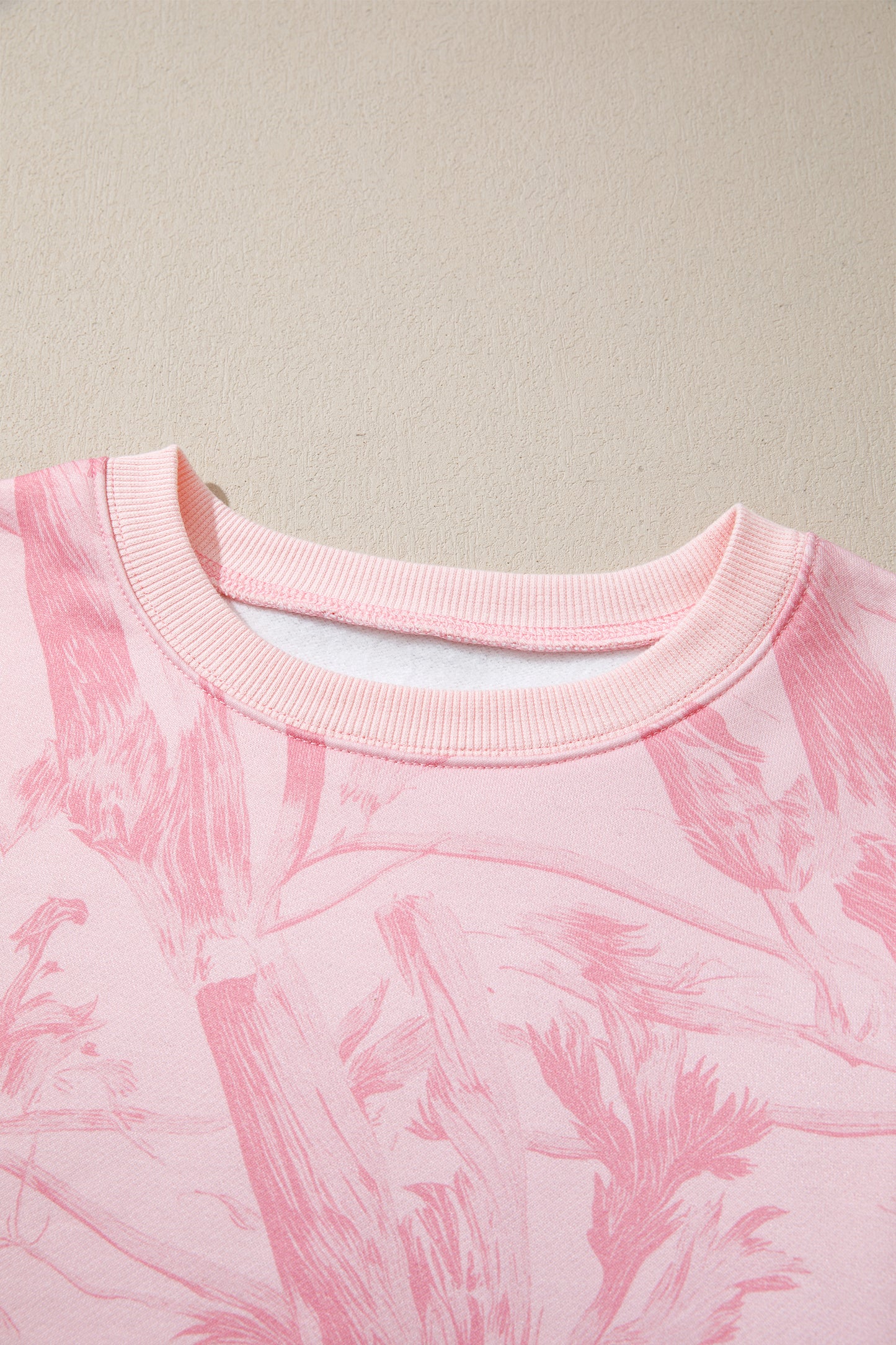Pink Abstract Print Ribbed Crewneck Long Sleeve Top Elastic Waist Short Set