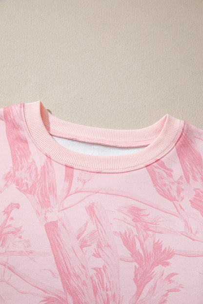 Pink Abstract Print Ribbed Crewneck Long Sleeve Top Elastic Waist Short Set