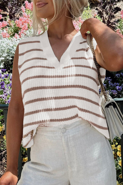 Gilet ample en tricot à rayures kaki et col en V