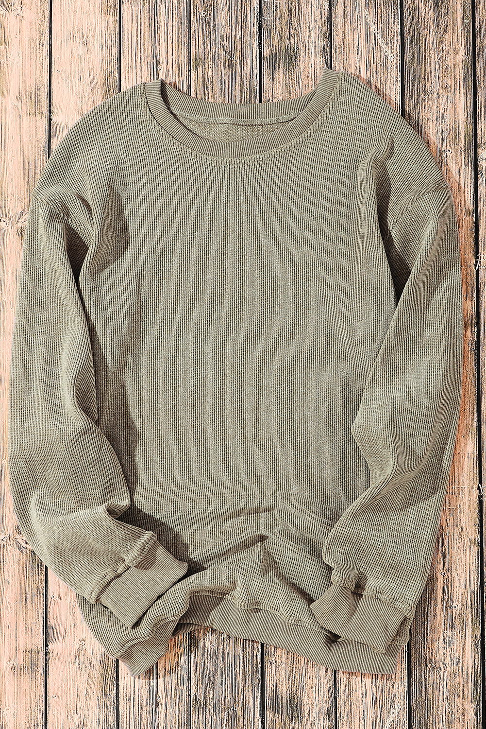 Green Solid Ribbed Knit Round Neck Pullover Sweatshirt