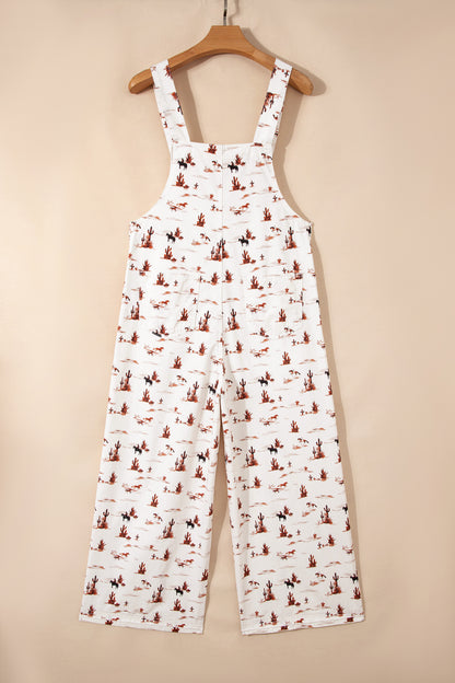 Beige Western Printed Button Adjustable Straps Loose Jumpsuit Dungarees