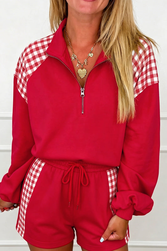 Fiery Red Plaid Patchwork Half Zip Pullover Drawstring Short Set