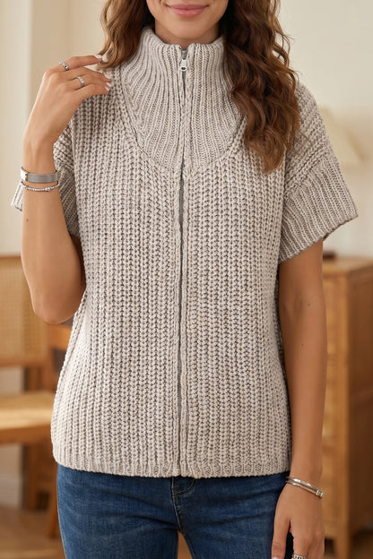 Jet Stream Solid Color Short Sleeve Zipper Knit High Neck Sweater