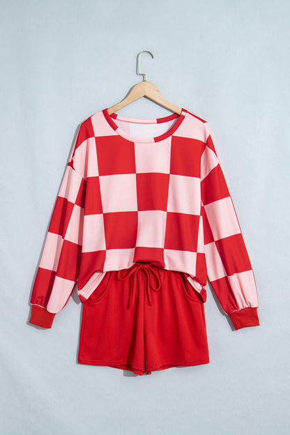 Red Checkerboard Plaid Long Sleeve Solid Color Shorts 2pcs Set