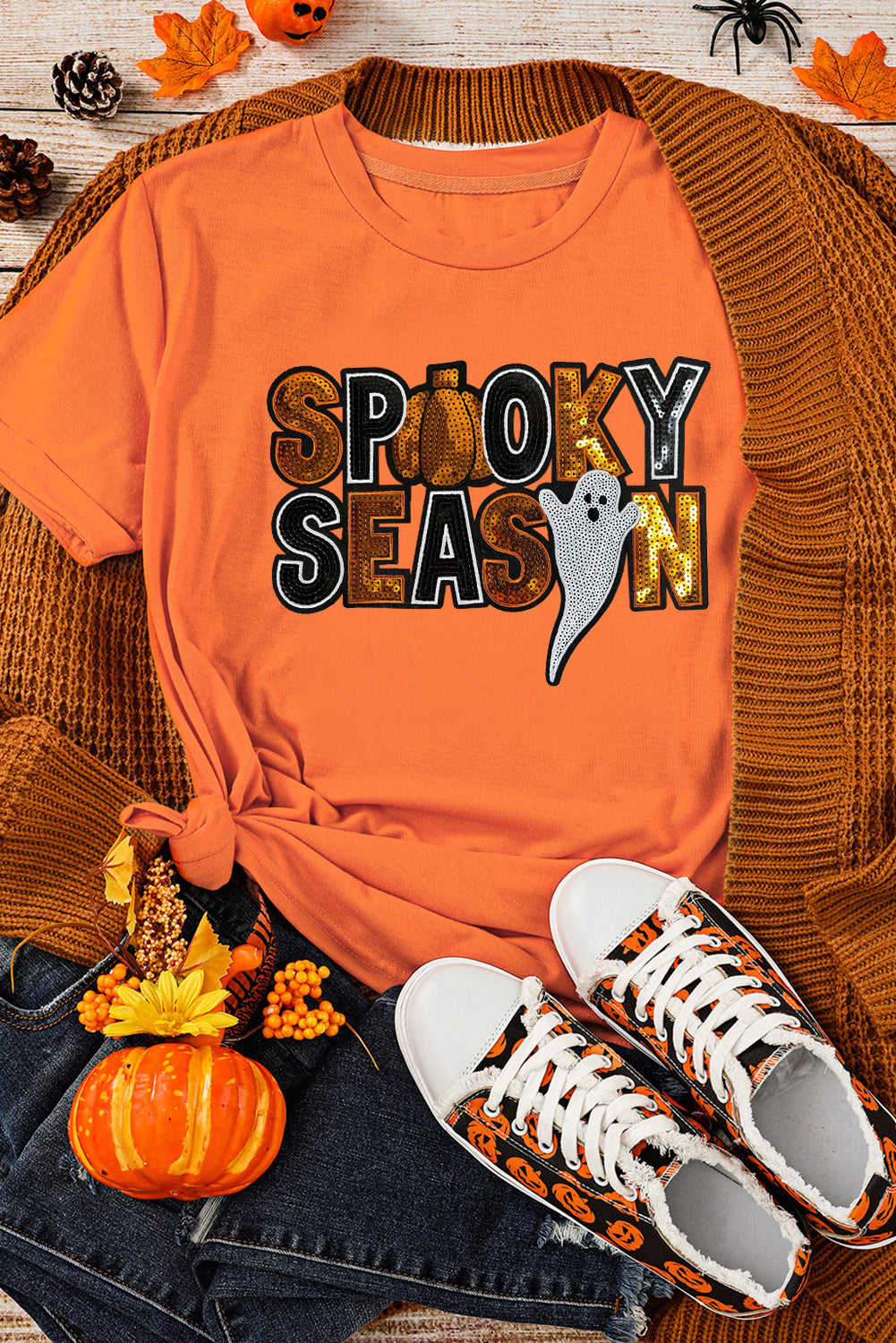 T-shirt d'Halloween à paillettes orange et motif fantôme SPOOKY SEASON