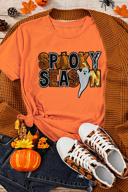 T-shirt d'Halloween à paillettes orange et motif fantôme SPOOKY SEASON