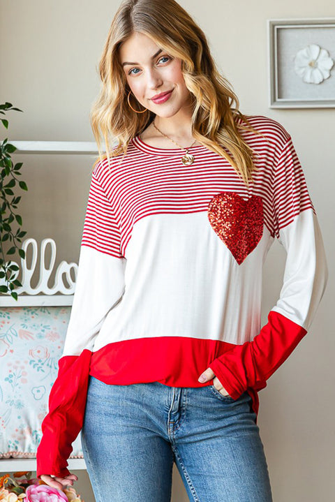 Fiery Red Valentine's Day Sequin Heart Striped Colorblock Top