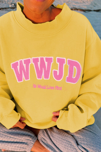 Yellow WWJD Embroidered Trim Slogan Graphic Crewneck Pullover Sweatshirt