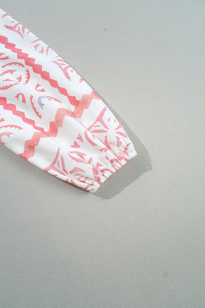 Chemisier à manches bouffantes et col poète smocké imprimé vintage fleur du désert