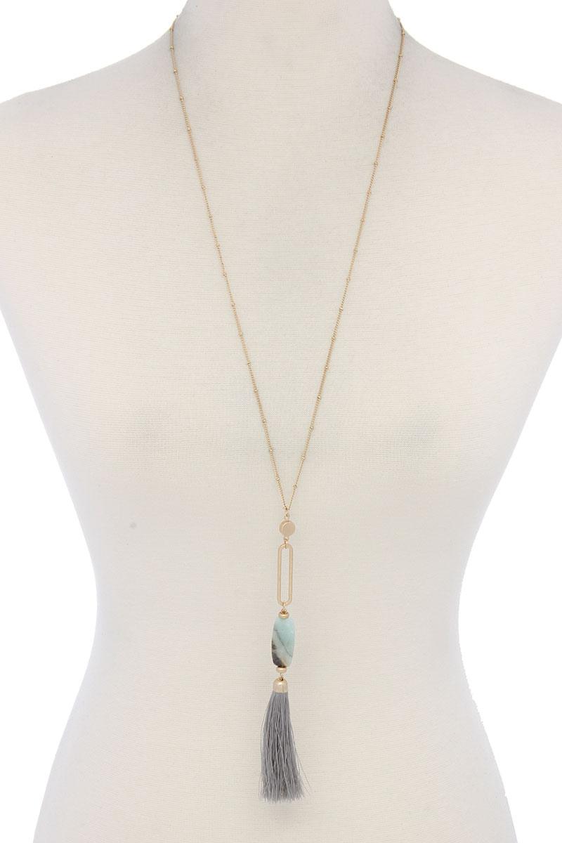 Cut Out Long Oval Bead Tassel Pendant Necklace – alternate view