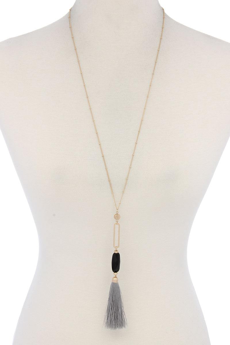 Cut Out Long Oval Bead Tassel Pendant Necklace – alternate view