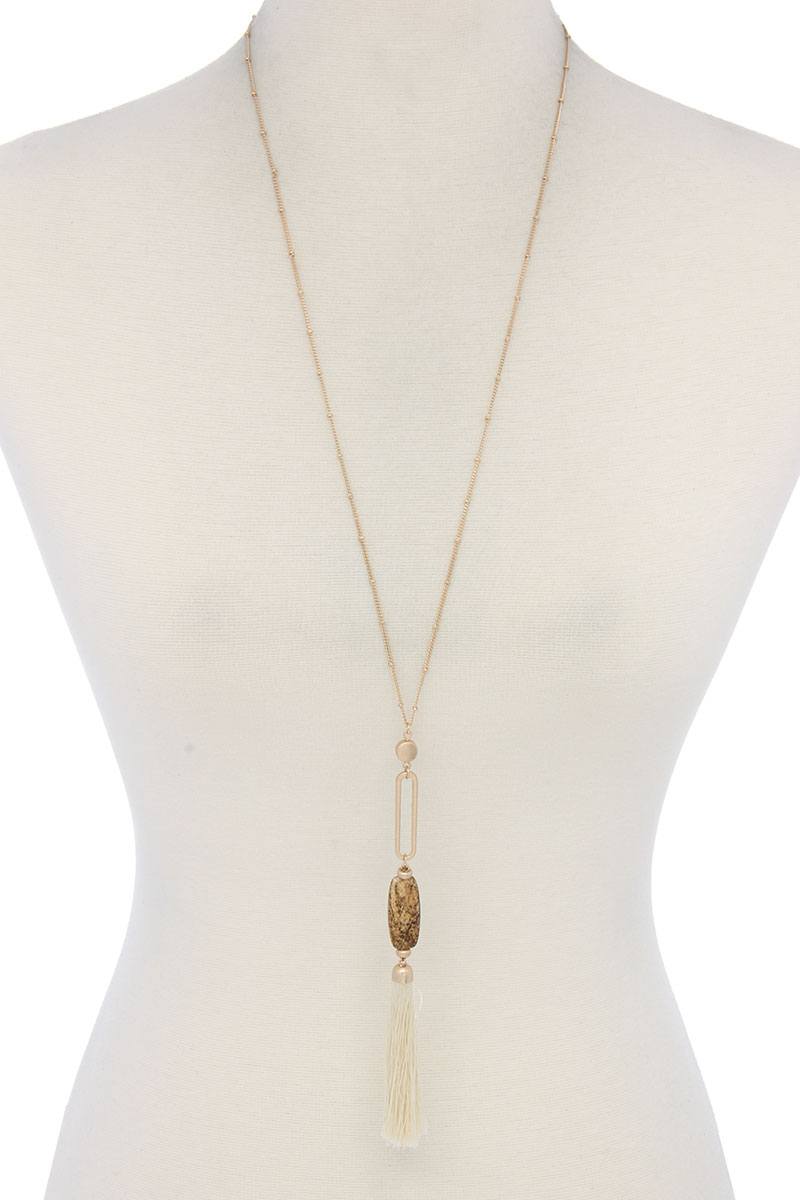 Cut Out Long Oval Bead Tassel Pendant Necklace – alternate view
