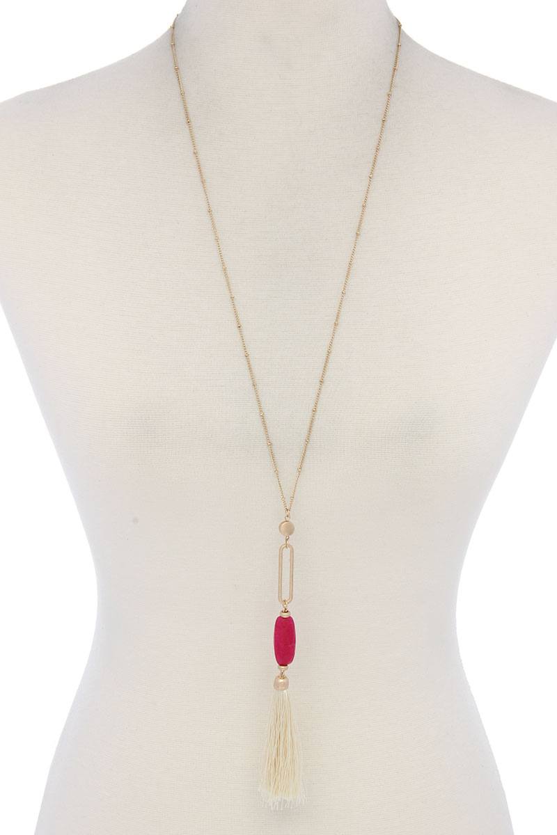 Cut Out Long Oval Bead Tassel Pendant Necklace – alternate view