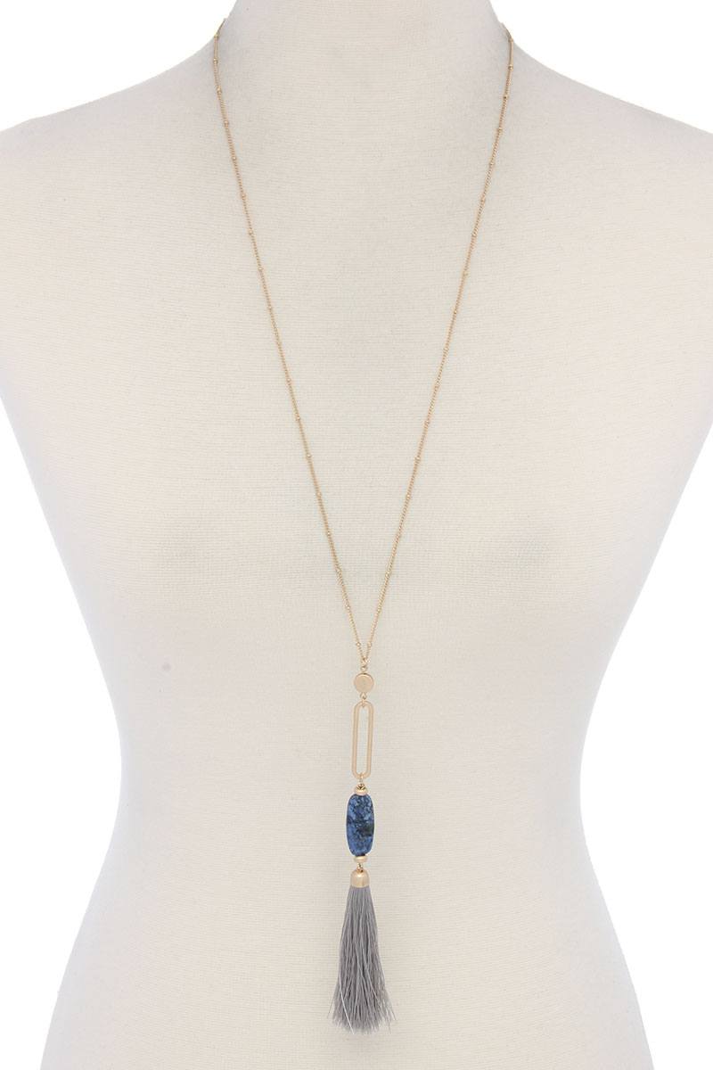Cut Out Long Oval Bead Tassel Pendant Necklace – alternate view