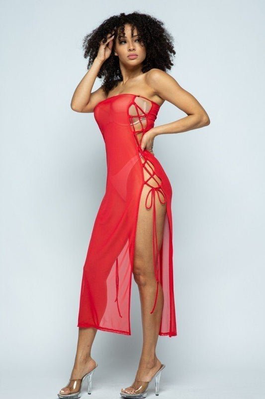 Solid Mesh Side Lace Up Cover Up Dress – alternate view