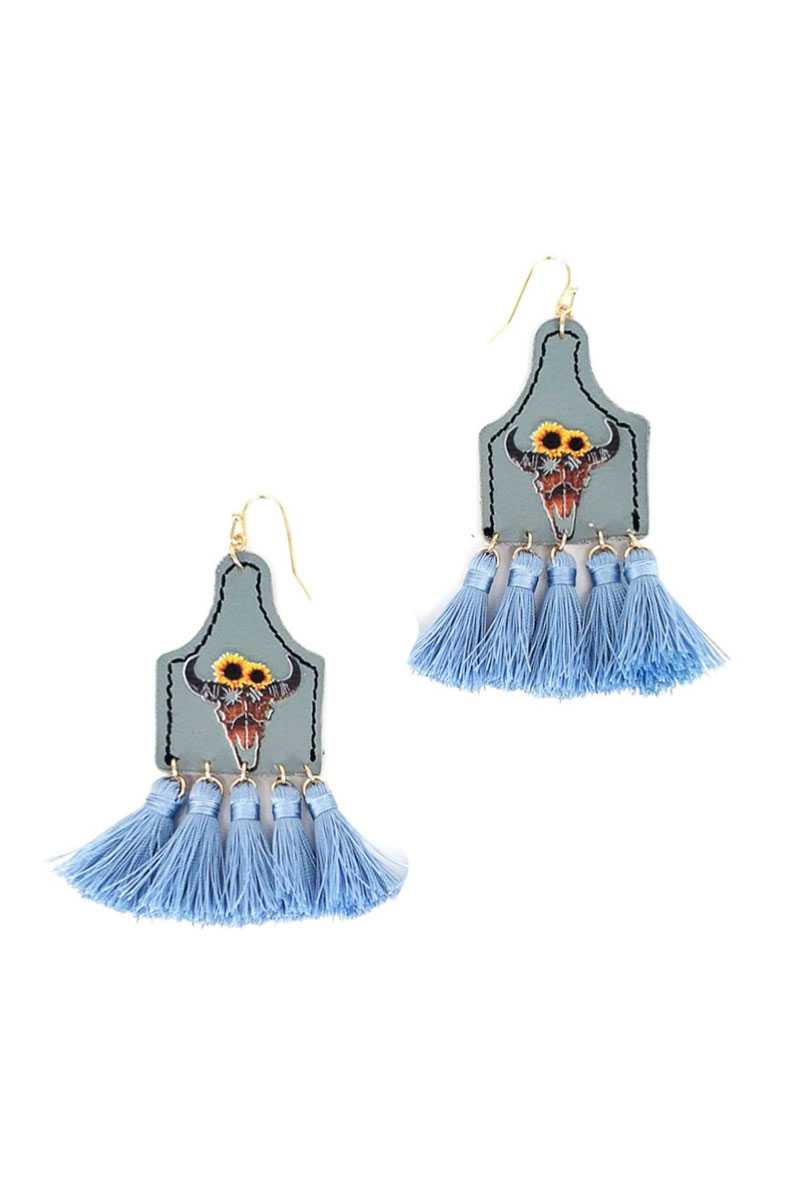 Stylish Western Cow Skull And Tassel Drop Earring – alternate view