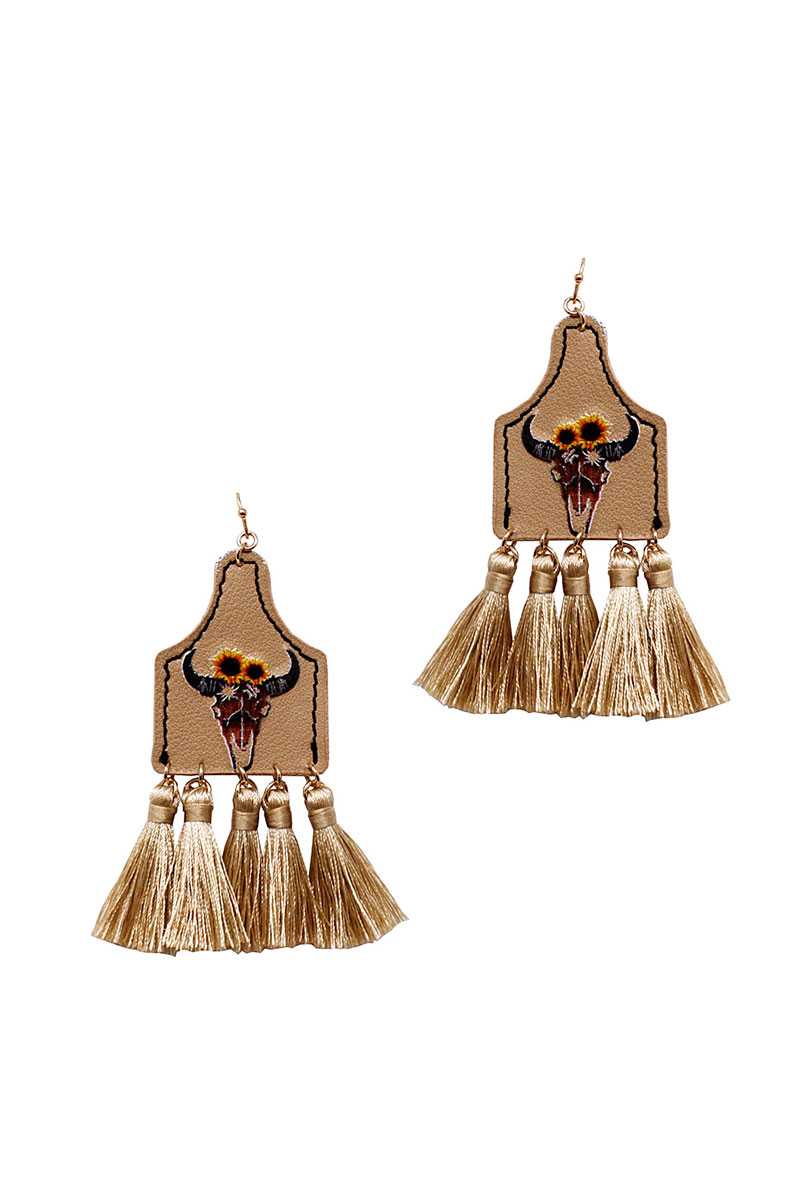 Stylish Western Cow Skull And Tassel Drop Earring – alternate view
