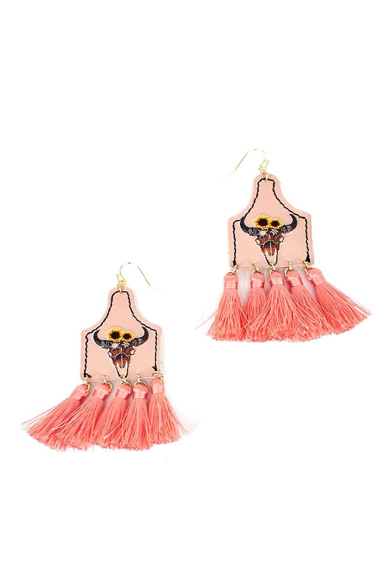 Stylish Western Cow Skull And Tassel Drop Earring – alternate view