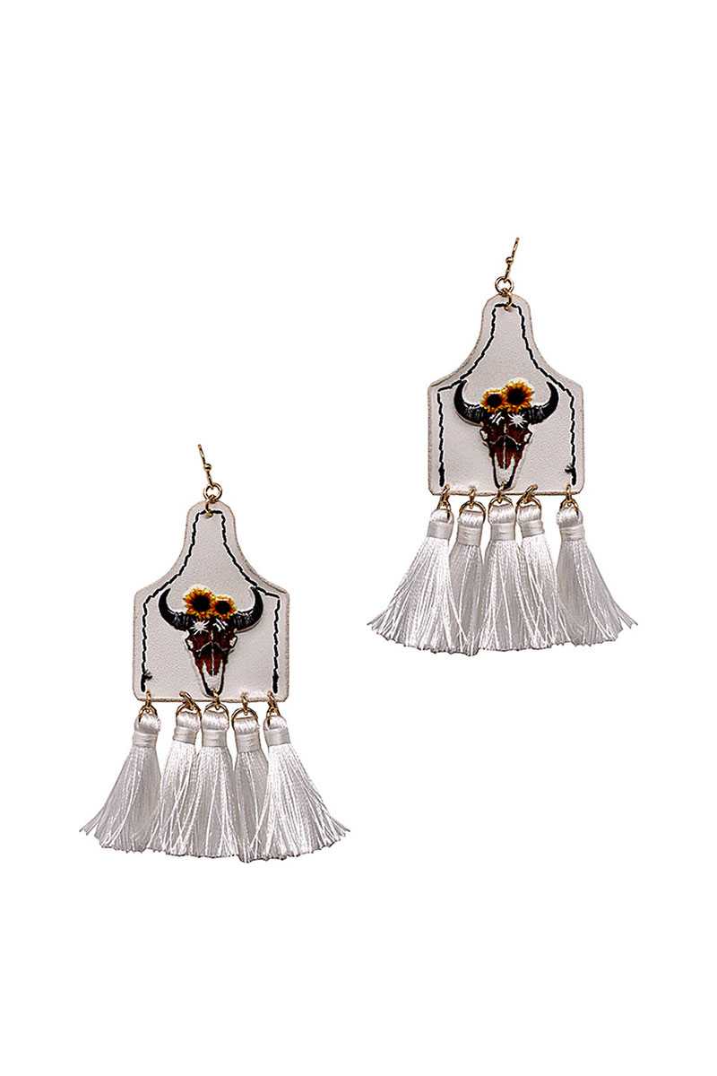 Stylish Western Cow Skull And Tassel Drop Earring – alternate view