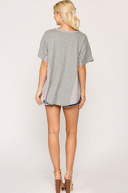 Rib Knit Mixed Dolman Sleeve Top With Round Hem – alternate view
