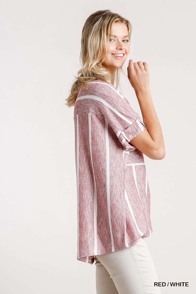 Horizontal And Vertical Striped Short Folded Sleeve Top With High Low Hem – alternate view